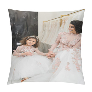 Personality  Brunette Middle Eastern Woman With Wavy Hair Looking At Cheerful Girl And Smiling Near White Wedding Dresses In Bridal Salon, Floral, Mother And Daughter, Happiness, Shopping, Wedding Day  Pillow Covers