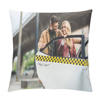 Personality  Happy Stylish Young Couple Opening Door Of Taxi Cab Together Pillow Covers