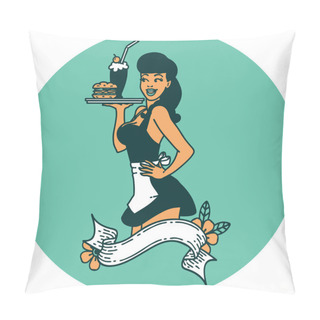 Personality  Tattoo In Traditional Style Of A Pinup Waitress Girl With Banner Pillow Covers