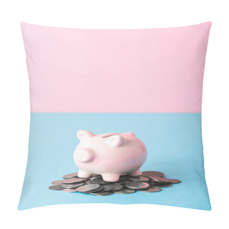 Personality  Silver Coins Near Piggy Bank On Blue And Pink  Pillow Covers