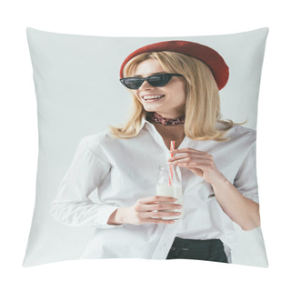 Personality  Attractive Young Woman In Sunglasses Drinking Milk Isolated On Grey Pillow Covers