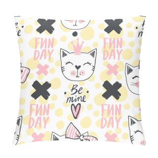 Personality  Fashion Cat Seamless Pattern. Cute Kitten Background In Sketch Style. Pillow Covers