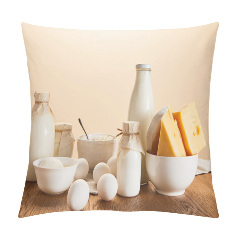Personality  Tasty Organic Dairy Products And Eggs On Rustic Wooden Table Isolated On Beige Pillow Covers