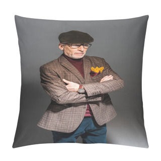 Personality  Trendy Middle Aged Man In Glasses And Cap Standing With Crossed Arms On Grey  Pillow Covers