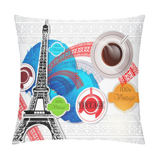 Personality  Eiffel Tower And Coffee Over Vintage Background. Vector Illustration Pillow Covers