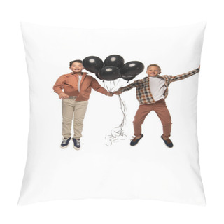 Personality  Two Excited Boys Flying With Black Festive Balloons Isolated On White Pillow Covers