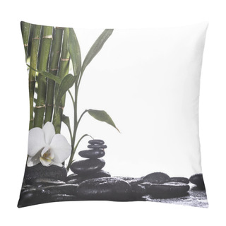 Personality  Grean Bamboo Leaves Over Zen Stones And Orchid Flower On White Background Pillow Covers