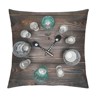 Personality  Top View Of Circle With Different Sized Glasses With Water And Spoons On Wooden Table Pillow Covers