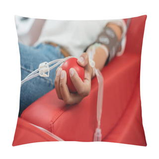 Personality  Selective Focus Of Rubber Ball In Hand Of Multiracial Woman With Transfusion Set Sitting On Comfortable Medical Chair And Donating Blood In Laboratory Pillow Covers
