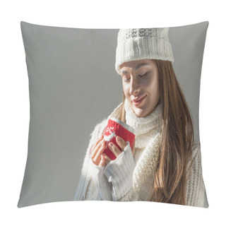 Personality  Attractive Woman In Fashionable Winter Sweater And Scarf Holding Cup Of Tea Isolated On Grey Pillow Covers