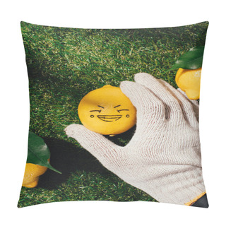 Personality  Cropped Image Of Person In Glove Holding Lemon With Drawing Face Pillow Covers