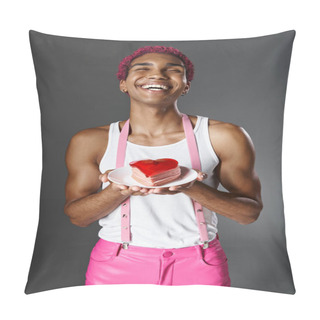 Personality  Cheerful Young Man Holding Heart Shaped Mini Cake And Smiling At Camera, Fashion And Style Pillow Covers