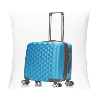 Personality  Blue Wheeled Textured Suitcase With Handle Isolated On White Pillow Covers