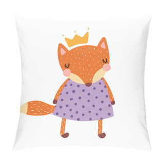 Personality  Hand Drawn Cute Funny Fox Girl In Dress And Crown Isolated On White Background Pillow Covers