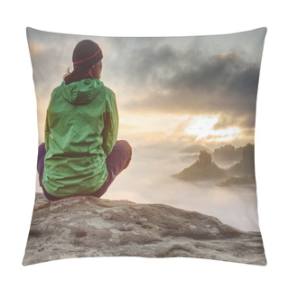 Personality  Young Active Woman With Trekking Equipment Sitting, Relaxing Pillow Covers