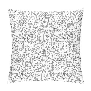 Personality  Adorable Kittens And Twigs With Leaves Seamless Pattern. Hand Drawn Background For Fabric, Paper And Other Surfaces. Black And White Pillow Covers