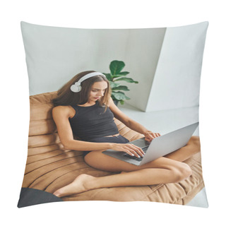 Personality  Beautiful Freelancer In Wireless Headphones Using Laptop And Sitting On Bean Bag Chair, Young Woman Pillow Covers