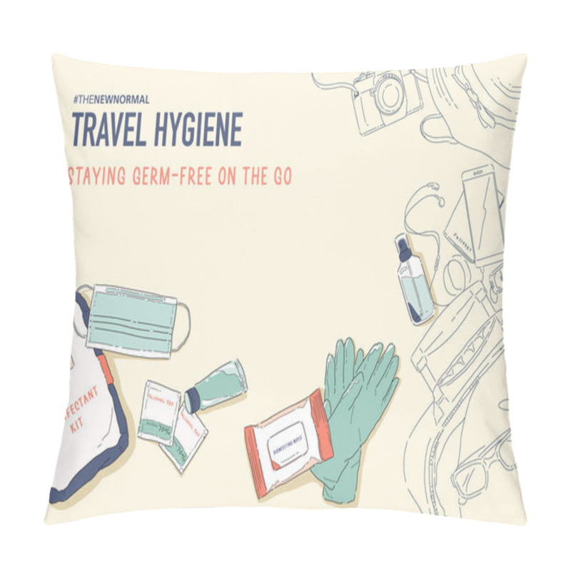 Personality  Vector Illustration Of New Normal Lifestyle. Travel Safe With Hygiene Products. Disinfectant Kit. Protect Yourself From Germs, Bacteria, And Viruses. Coronavirus (COVID-19) Pillow Covers