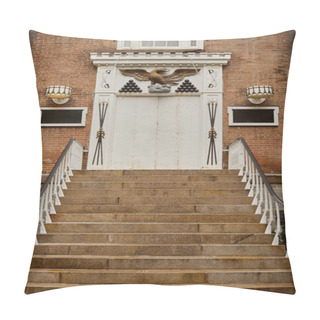 Personality  Brick Building With White Decorated Door And Stone Stairs In New York City, Urban Architecture Pillow Covers