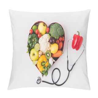 Personality  Vegetables And Fruits Laying In Heart Shaped Dish Near Pepper With Stethoscope Isolated On White Background     Pillow Covers