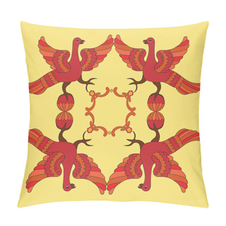Personality  Ornamental Vector Illustration Of Mythological Birds. Red Phoenix Birds On The Yellow Background. Folkloric Motive. Fairy Tales, Stories, Myths And Legends Decoration. Pillow Covers