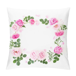 Personality  Floral Frame Of Pastel Pink Roses, Peonies And Green Leaves On White Background. Flat Lay, Top View. Spring Time Composition Pillow Covers