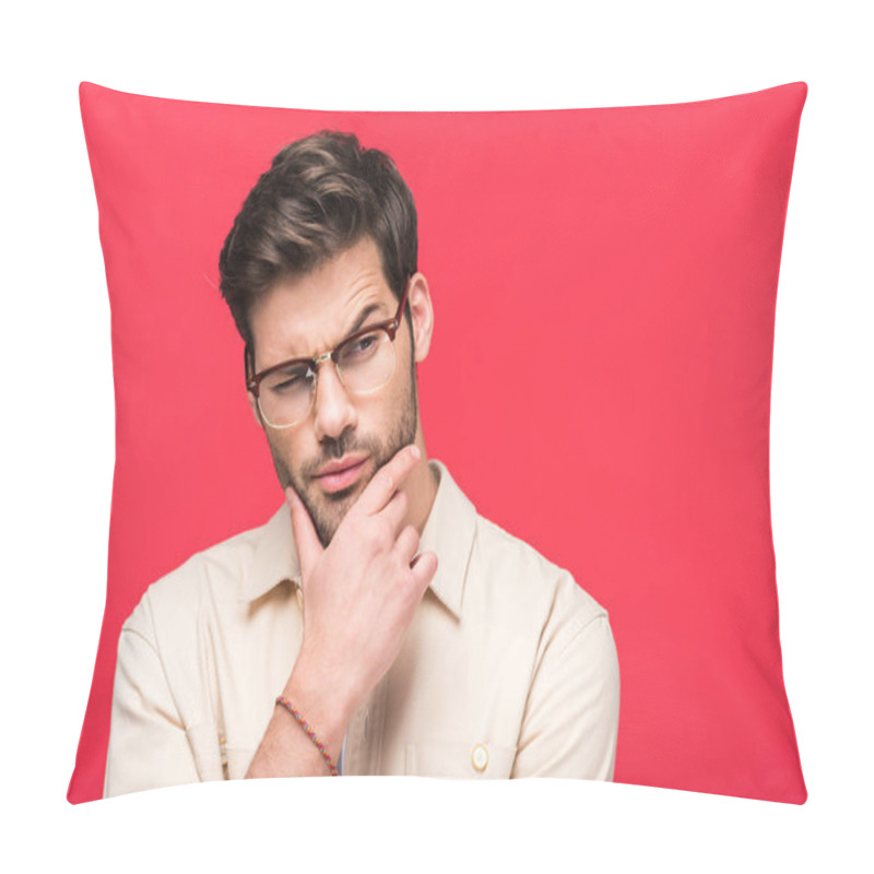Personality  handsome thoughtful man touching chin Isolated On pink pillow covers
