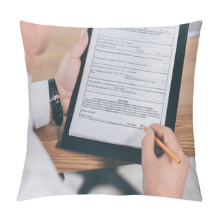 Personality  Cropped View Of Businessman Putting Signature On Compensation Claim Form At Workspace Pillow Covers