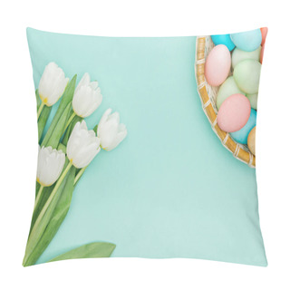 Personality Top View Of White Tulips And Easter Eggs In Wicker Plate Isolated On Blue  Pillow Covers