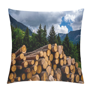 Personality  Wooden Logs Of Pine Woods In The Forest, Stacked In A Pile In Swiss Alps. Freshly Chopped Tree Logs Stacked Up On Top Of Each Other In A Pile. Pillow Covers