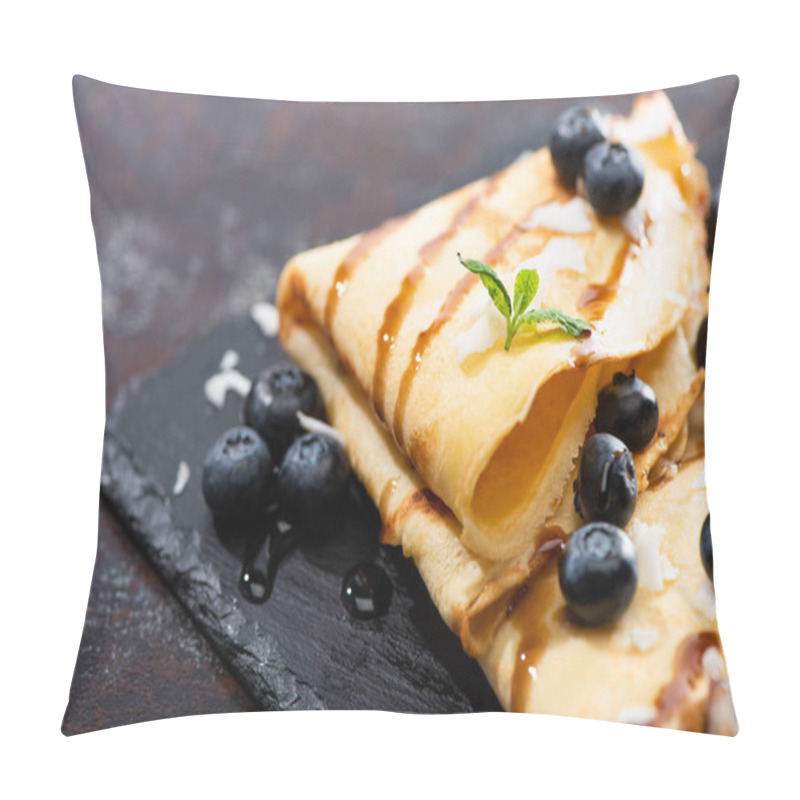 Personality  Close Up View Of Tasty Crepes With Blueberries, Mint And Coconut Flakes Served On Board On Textured Background Pillow Covers