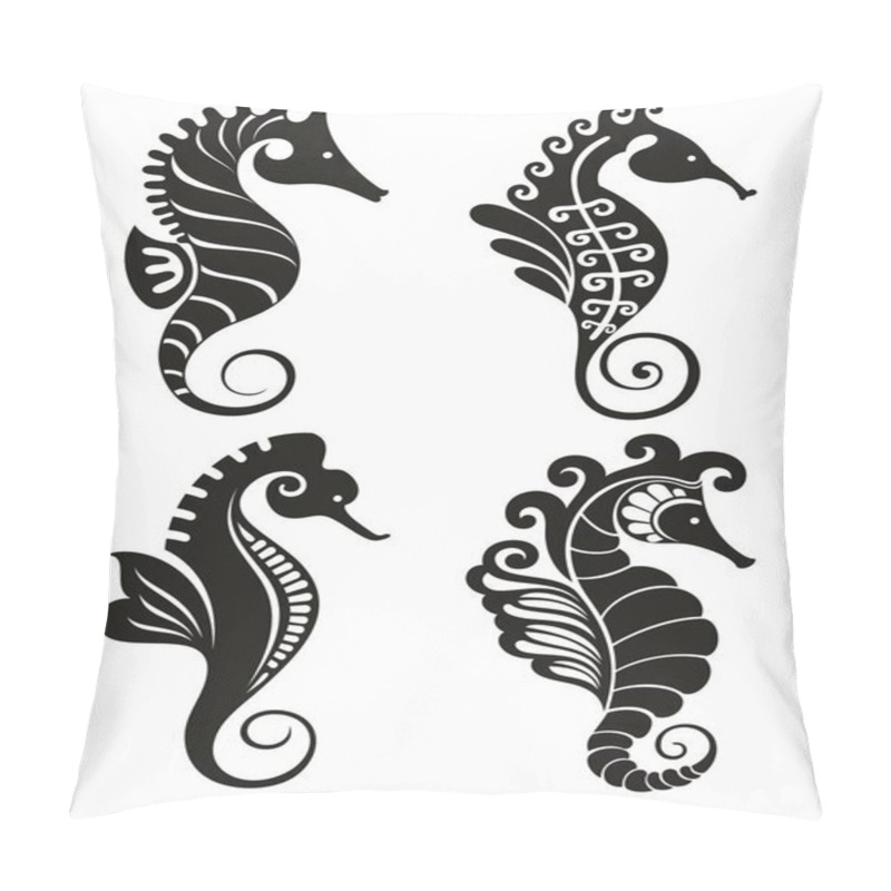 Personality  Seahorse graphic icons. Seahorse black signs isolated on white background. Sea life symbol. Tattoo. pillow covers