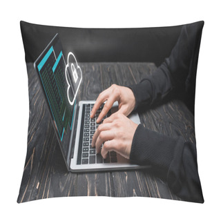 Personality  Cropped View Of Hacker Using Laptop With Cloud And Padlock On Black  Pillow Covers