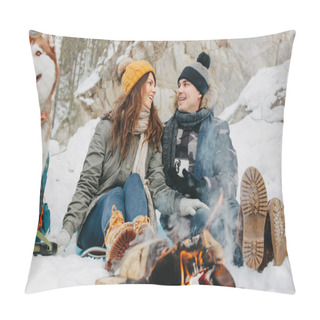 Personality  The Happy Couple With Dog Haski At The Forest Nature Park In Cold Season. Travel Adventure Love Story Pillow Covers