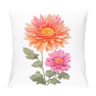 Personality  Watercolor Chrysanthemum Flowers With Orange And Pink Color. Hand Painted Floral Illustration Isolated On White Background. Can Be Used As Element For Wedding Invitations, Greeting Cards Pillow Covers