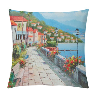 Personality  Color Picture Of Embankment In Italy And Town Near The Sea And Mountains / Ukraine, Odessa, June 2016 Pillow Covers
