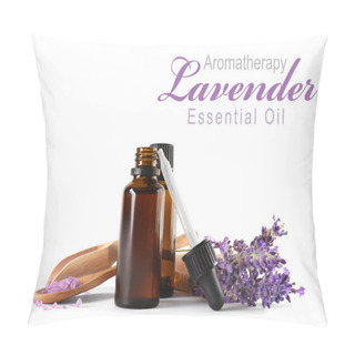 Personality  Spa Composition With Essence, Closeup. Text AROMATHERAPY LAVENDER ESSENTIAL OIL On White Background. Spa Beauty Concept. Pillow Covers