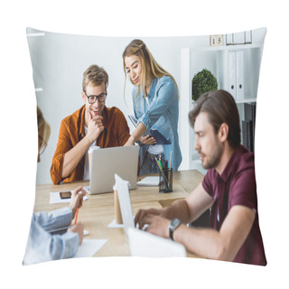 Personality  Multiethnic Colleagues Working On Startup Project In Office With Laptops And Documents Pillow Covers