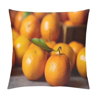 Personality  Selective Focus Of Sweet Orange Clementine Near Tangerines With Green Leaves Pillow Covers