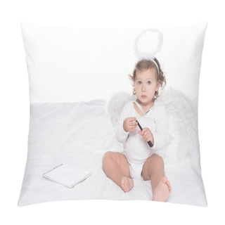 Personality  Little Angel With Wings And Nimbus On Bed With Notepad, Isolated On White Pillow Covers