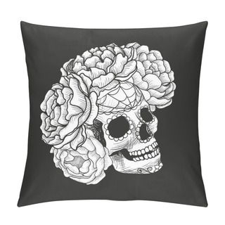 Personality  Black And White Sketch Skull In Peony Flowers. Pillow Covers