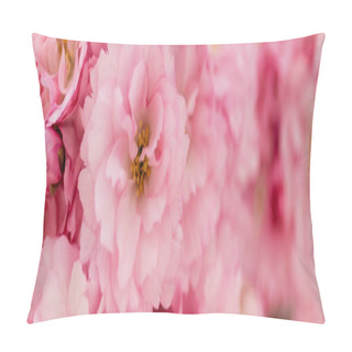 Personality  Close Up View Of Blossoming Pink Flowers Of Cherry Tree, Banner Pillow Covers