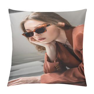 Personality  Young Woman Wearing Trendy Suit With Terracotta Blazer And Golden Necklace And Posing In Fashionable Sunglasses On Grey Mirrored Background, Beautiful Model, Reflection, Dreamy  Pillow Covers