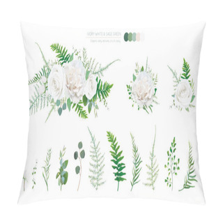 Personality  Elegant Vector Floral Bouquet: Ivory White, Creamy Peony Rose Flowers, Silver Sage Eucalyptus Branches, Greenery Leaves, Ferns, Green Asparagus. Wedding Editable Watercolor Style Designer Elements Set Pillow Covers