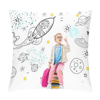 Personality  Excited Schoolchild Pointing Up And Having Idea While Sitting On Pile Of Books With Backpack Isolated On White With Fantasy Universe, Spaceships And Planets Pillow Covers