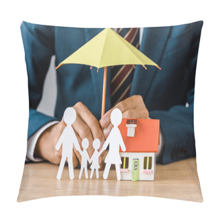 Personality  Male Hands With Paper Cut Family, House Model And Umbrella On Wooden Table, Life Insurance Pillow Covers