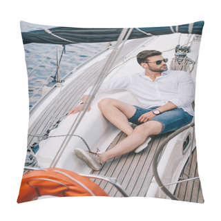 Personality  Handsome Young Man In Sunglasses Looking Away While Sitting On Yacht Pillow Covers