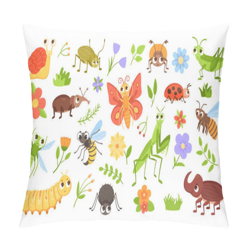 Personality  Cartoon bugs and plants. Insect characters with happy faces and colorful flowers. Caterpillar and snail mascots. Buzzing bee. Beetle or hornet. Blossoms with leaves. Vector animals set pillow covers