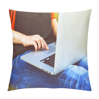 Personality  Hands Using Laptop And Typing Outside On Nature Background Pillow Covers