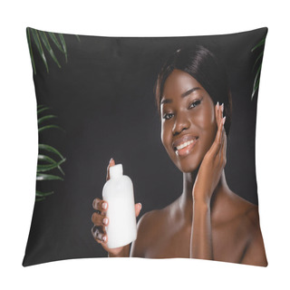 Personality  African American Naked Woman Holding Bottle Of Lotion Near Green Palm Leaves Isolated On Black Pillow Covers
